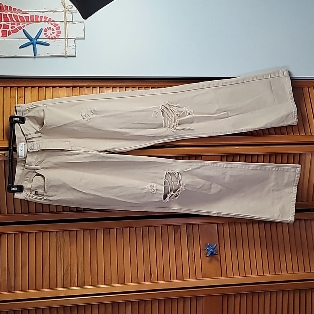 KanCan Tan Distressed Flare Jeans